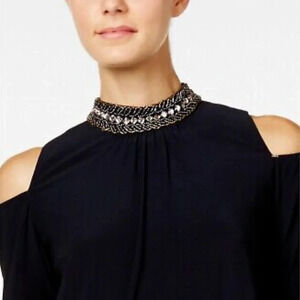 Escape navy blue cold shoulder cocktail dress with gold embellishment on neck